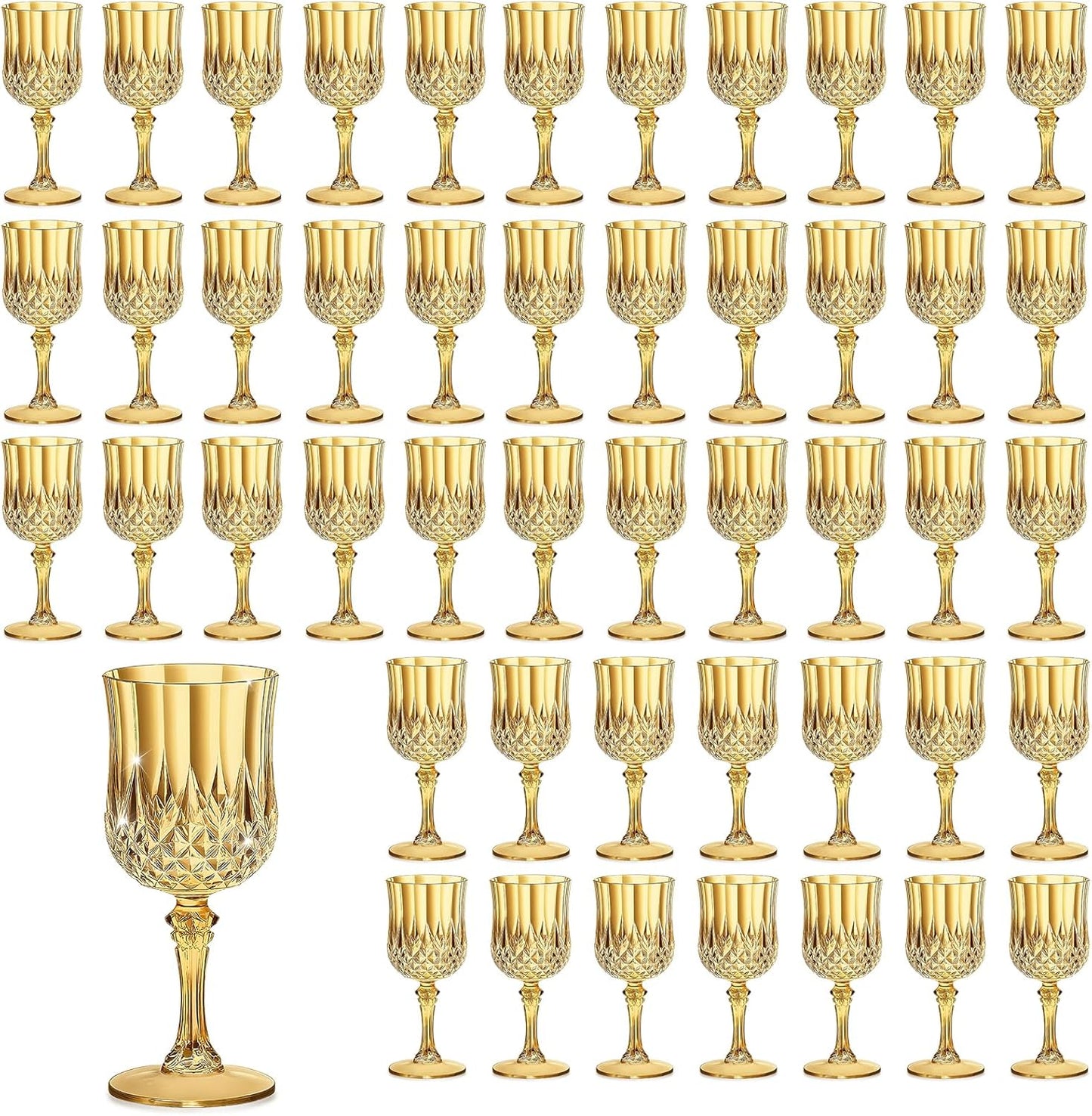 48PCS 7OZ Gold Wine Plastic Glasses, Drinking Champagne Glasses Flutes Crystal Vintage Water Unbreakable Goblets for Wedding, Parties