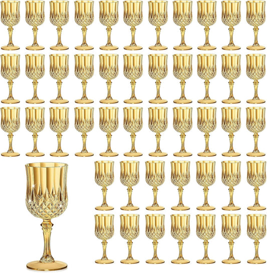 48PCS 7OZ Gold Wine Plastic Glasses, Drinking Champagne Glasses Flutes Crystal Vintage Water Unbreakable Goblets for Wedding, Parties