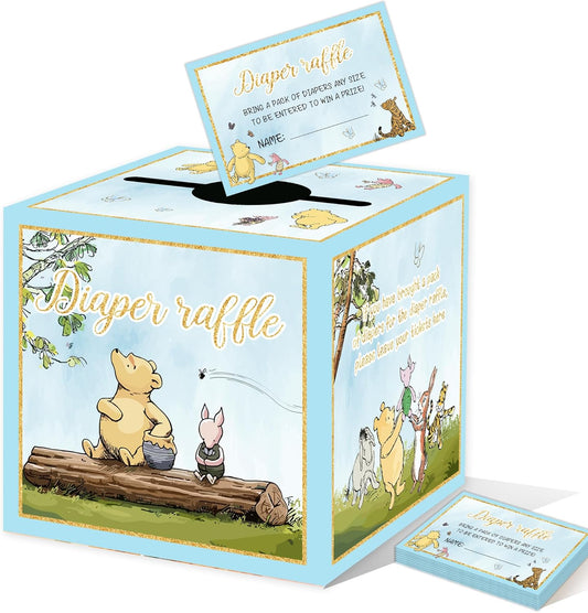 Winnie Baby Shower Decorations-50PCS Winnie Baby Shower Games Cards-Pooh Party Decorations-Baby Shower Diaper Raffle Box-blue
