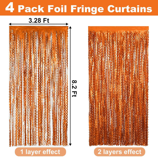 4 Pack Orange Fringe Curtain Backdrop 3.2Ft x 8.2Ft Metallic Tinsel Foil Fringe Streamers Background for Photo Booth Mother's Day, Easter, Carnival, Birthday, Wedding Party Decoration