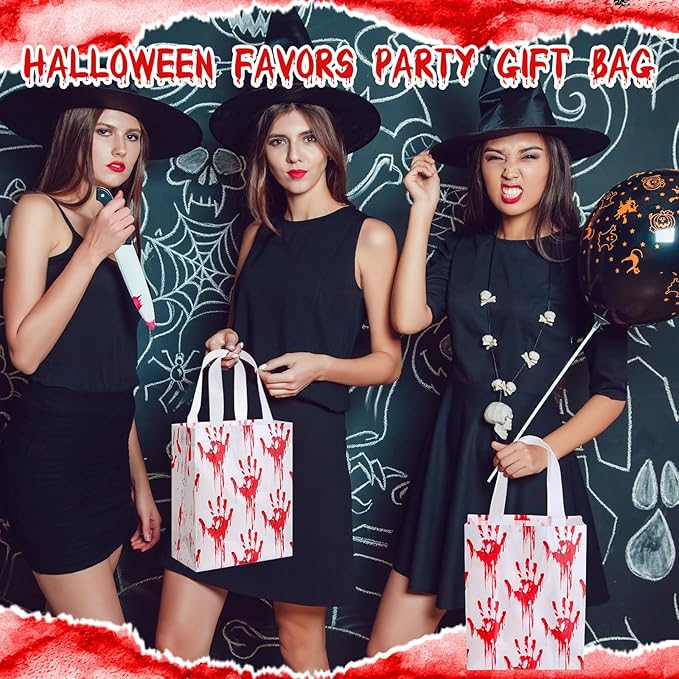 Wovnet 30 Pcs Halloween Party Favor Gift Bags Bloody Handprint Reusable Non Woven Goodie Treat Bags with Handle Horror Theme for Halloween Party Supplies 10 x 8 x 4in