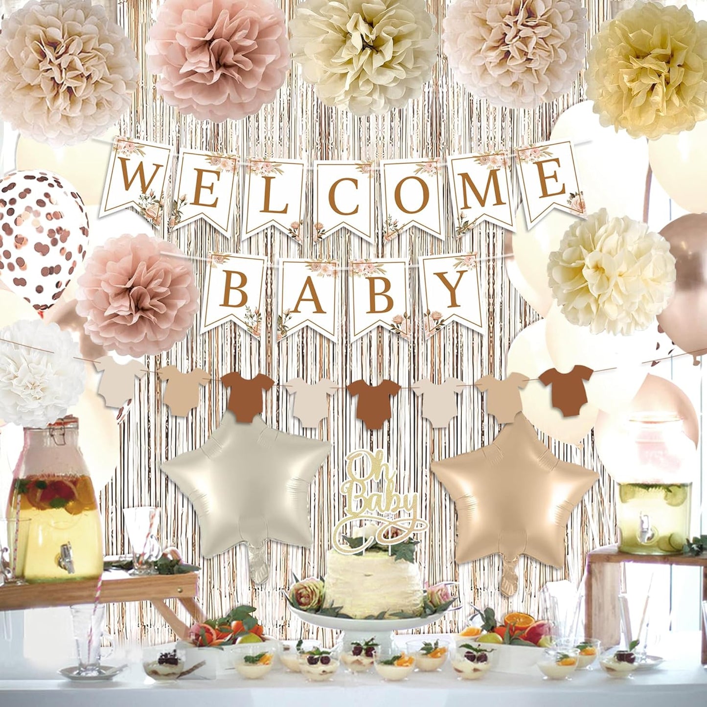 Champagne Baby Shower Decorations- Boho Baby Shower Decor Set with- Welcome Baby Banner, Clothes Banner, Cake Topper, Tissue Pom Poms, Beige Gold Balloons | Neutral Baby Boy Girl Shower Decorations