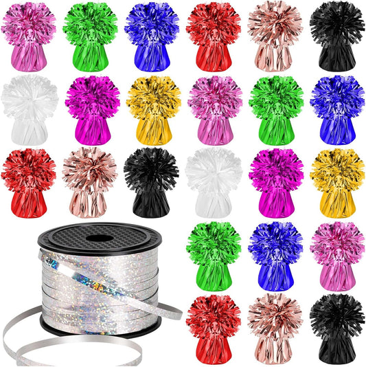 24 PCS Balloon Weights Metallic Anchor, Balloon Holder Heavy Weights with 1 Roll Iridescent Crimped Ribbon for Balloons Table Party Favor Birthday Decor(Colorful)