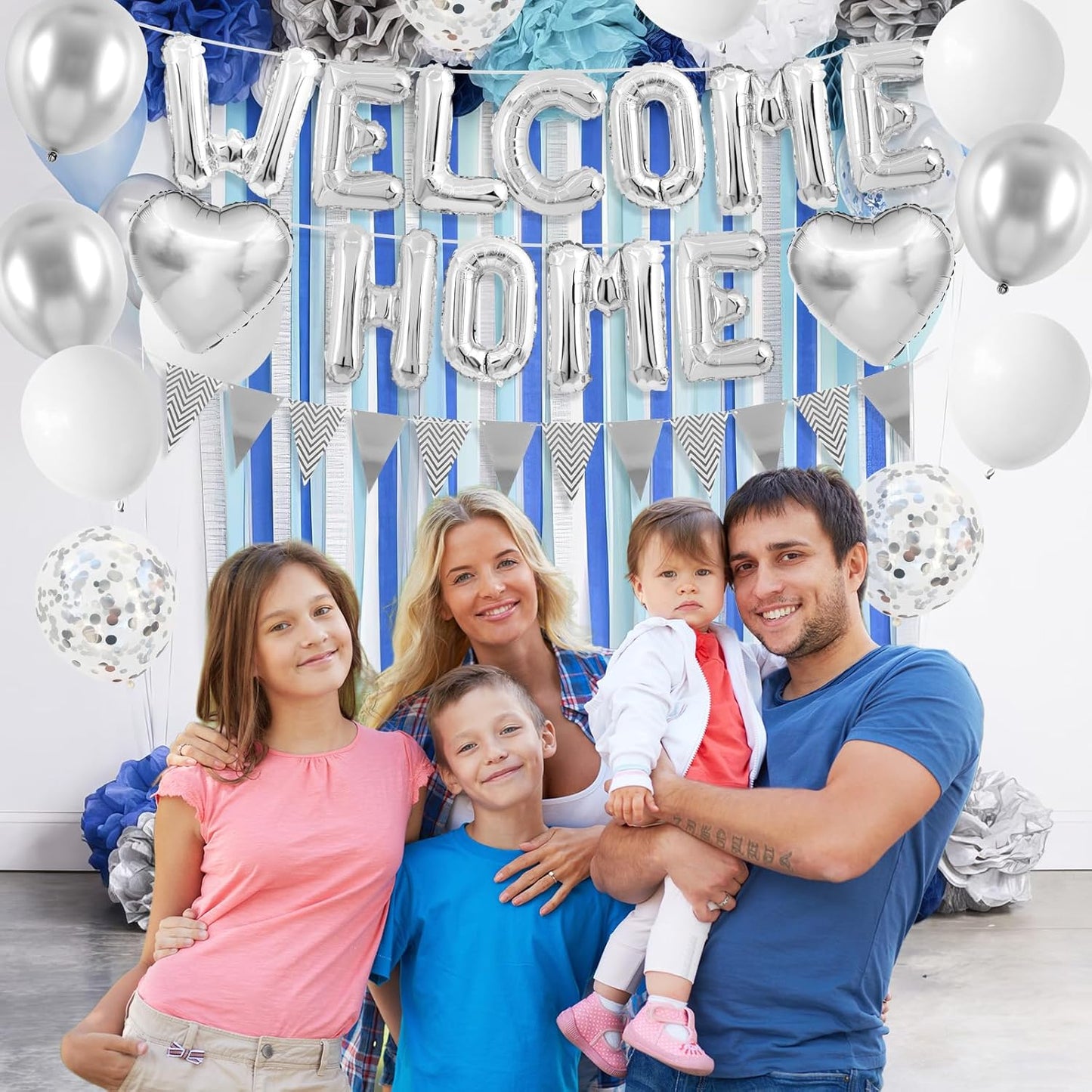 Welcome Home Decorations Silver,Welcome Home Foil Balloon Banner with Confetti Balloons,Silver Heart Balloons Pennant Flag Bunting for Housewarming Baby Shower Home Family Party Supplies