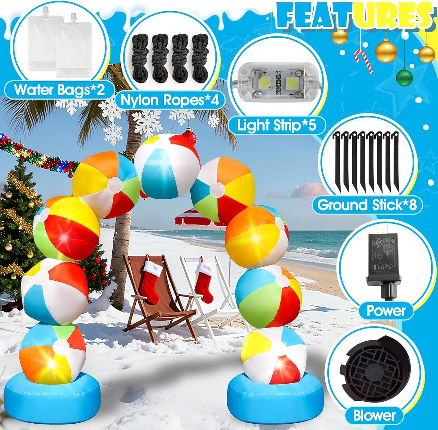 8FT Christmas Inflatable Beach Ball Arch Blow Up Arch Built-in 5 LED Lights for Winter Inflatables Outdoor Decorations Birthday Party Favors Xmas Party Supplies for Pool Beach Yard Lawn Garden Decor