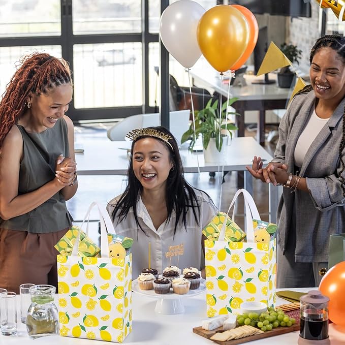 Supervitae 24 Pack Yellow Lemon Gift Bags Medium Goodie Summer Fruit Party Favor Bags Reusable Non Woven Totes for Lemon Birthday Wedding Baby Shower Party Family Holiday Travel(9.8" x 7.9" x 3.9")
