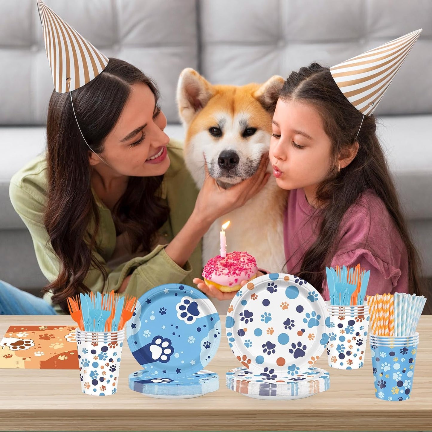168Pcs Blue Orange Dog Birthday Party Supplies for Boys Girls Kids 1st 2nd Cartoon Puppy Babyshower Party Decorations Paw Paper Plates Napkins Cups Forks Knives and Straws Tableware Serve 24 Guests