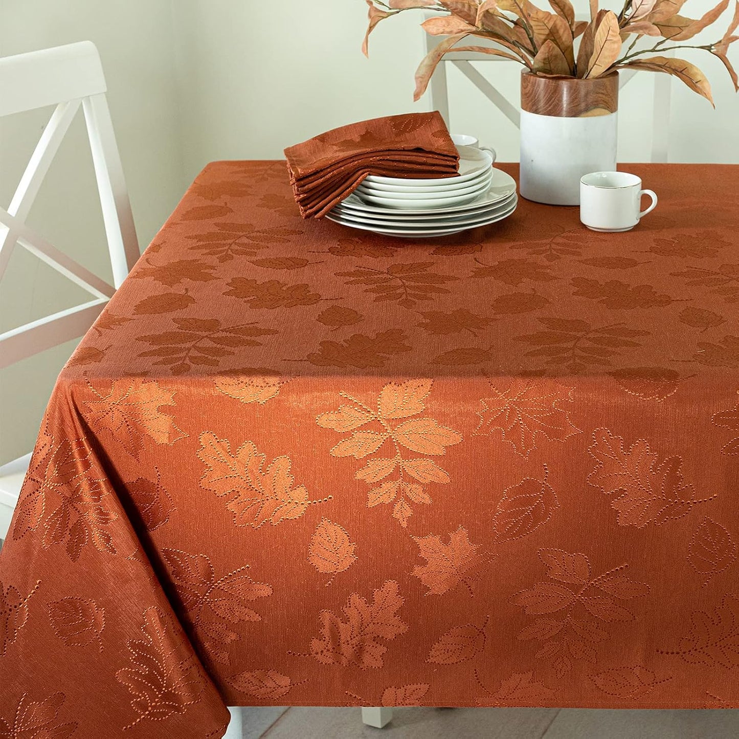 Benson Mills Harvest Legacy Damask Fabric Table Cloth Fall, Harvest, and Thanksgiving Tablecloth (Rust/Burnt Orange, 52" x 70" Rectangular)