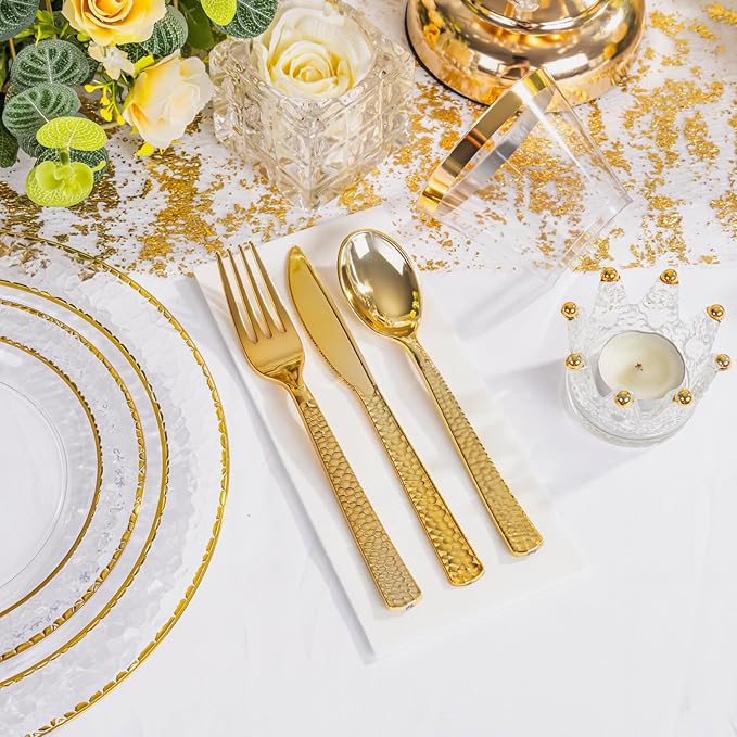 Ciaell 350PCS Clear Plastic Plates with Gold Trim for 50 Guests,Includes 100 Plastic Plates, 50 Pre Rolled Napkins with Gold Silverware, 50 Cups, Disposable Dinnerware Set for Wedding & Party