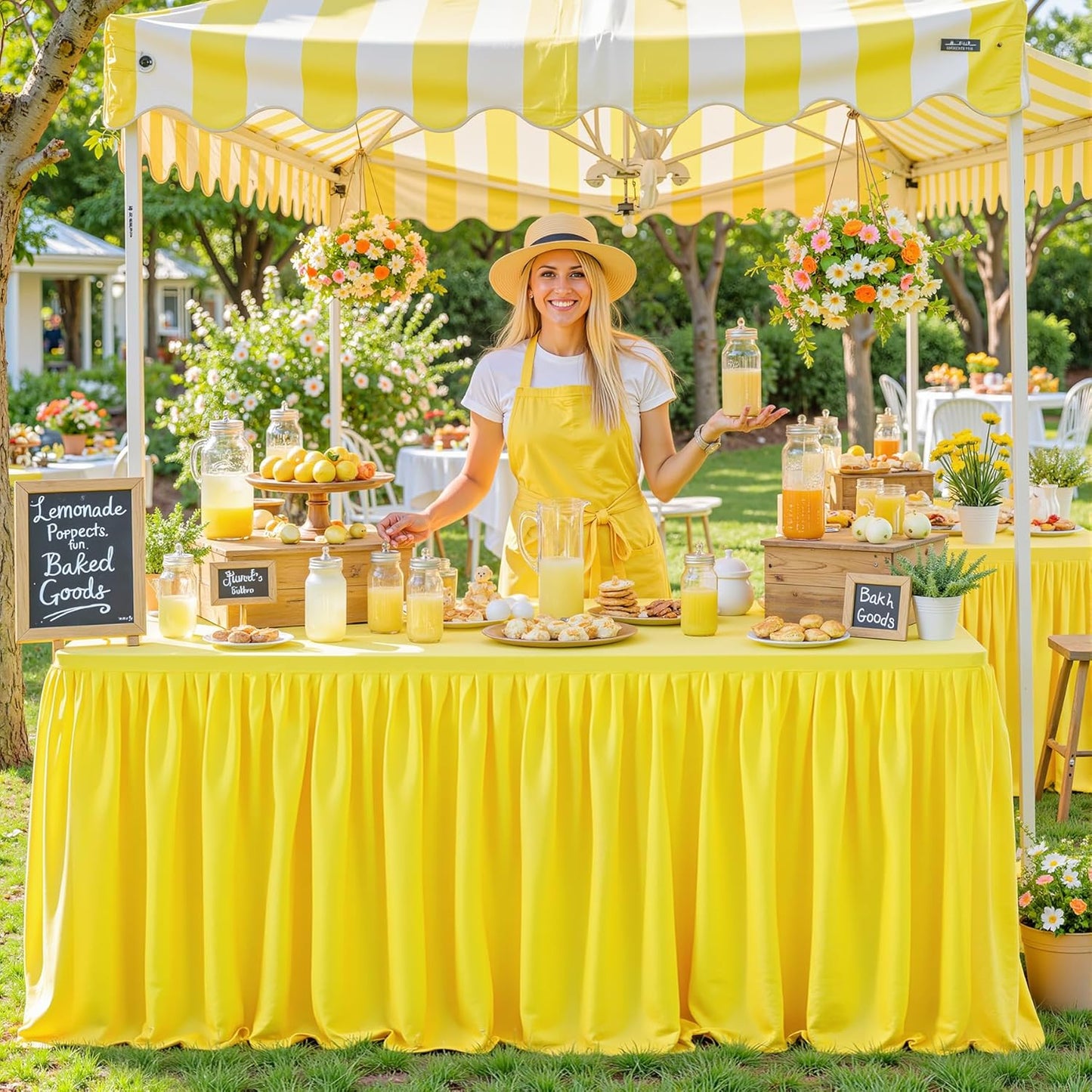 Yellow Table Clothes for Rectangle Tables 6ft, Wrinkle Resistant Fitted Table Cloth with Pleated Ruffle Skirts for Banquet Wedding Baby Shower Folding Tables