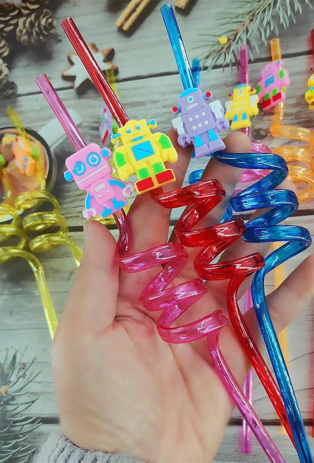 24 Packs Robot Bulk Reusable Plastic Straws Birthday Party Favors, Theme Curly Drinking Straws Party Supplies
