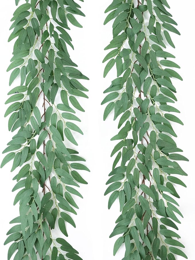 Mizii 2 Strands Artificial Vines Willows Garland 78" Fake Vine Italian Ruscus Silk Green Leaves Faux Hanging Plants Greenery Decoration for Table Centerpieces Home Room Party Wedding Decor (Willows)