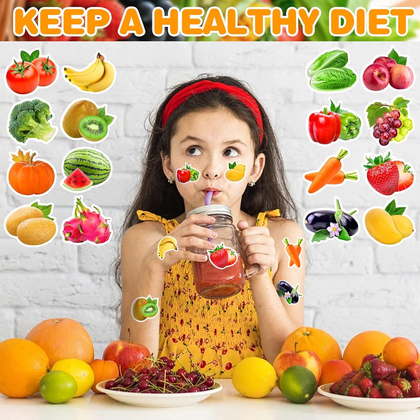 1200Pcs Fruit Vegetable Stickers, Cute 16 Styles Food Stickers for Kids, Colorful Waterproof Vegetable Sticker for Kids Teachers Classroom Rewards, Scrapbooking, DIY Crafts(2 Rolls)
