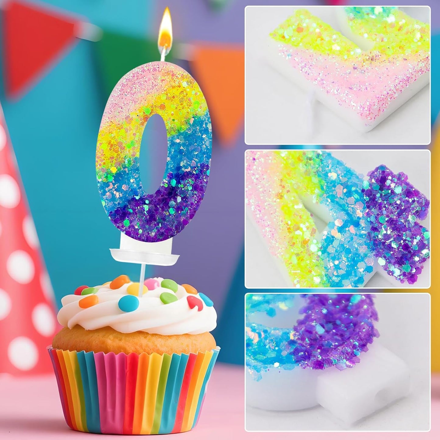 Birthday Candles Pastel Macaron Glitter 3D Rainbow Number Candles for Birthday Cake Girls Women Sweet Theme Birthday Wedding Anniversary Party Cake Decoration (Number 0)