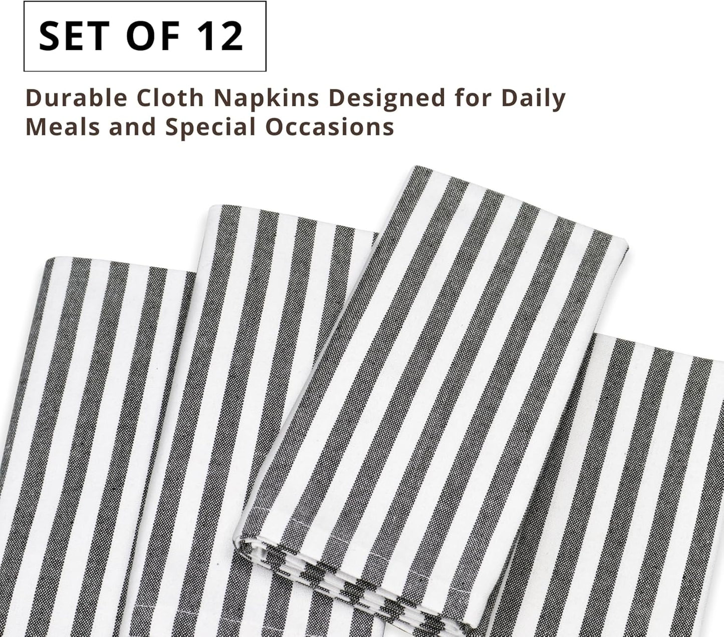 PurpleEssences Plain Striped Cloth Napkins - Set of 12-100% Cotton - 18 x 18 Inch - Fall Thanksgiving Halloween - Perfect Everyday Use Dinner Napkin - Black and White