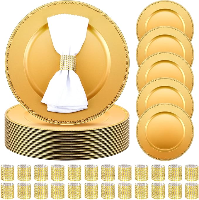 Rtteri 48 Pcs Charger Plates Set, Bulk 24 Plastic Plate Chargers with 24 Napkin Rings, 13 Inch Round Dinner Chargers for Table Setting Wedding Party Baby Shower Event Decoration(Gold)