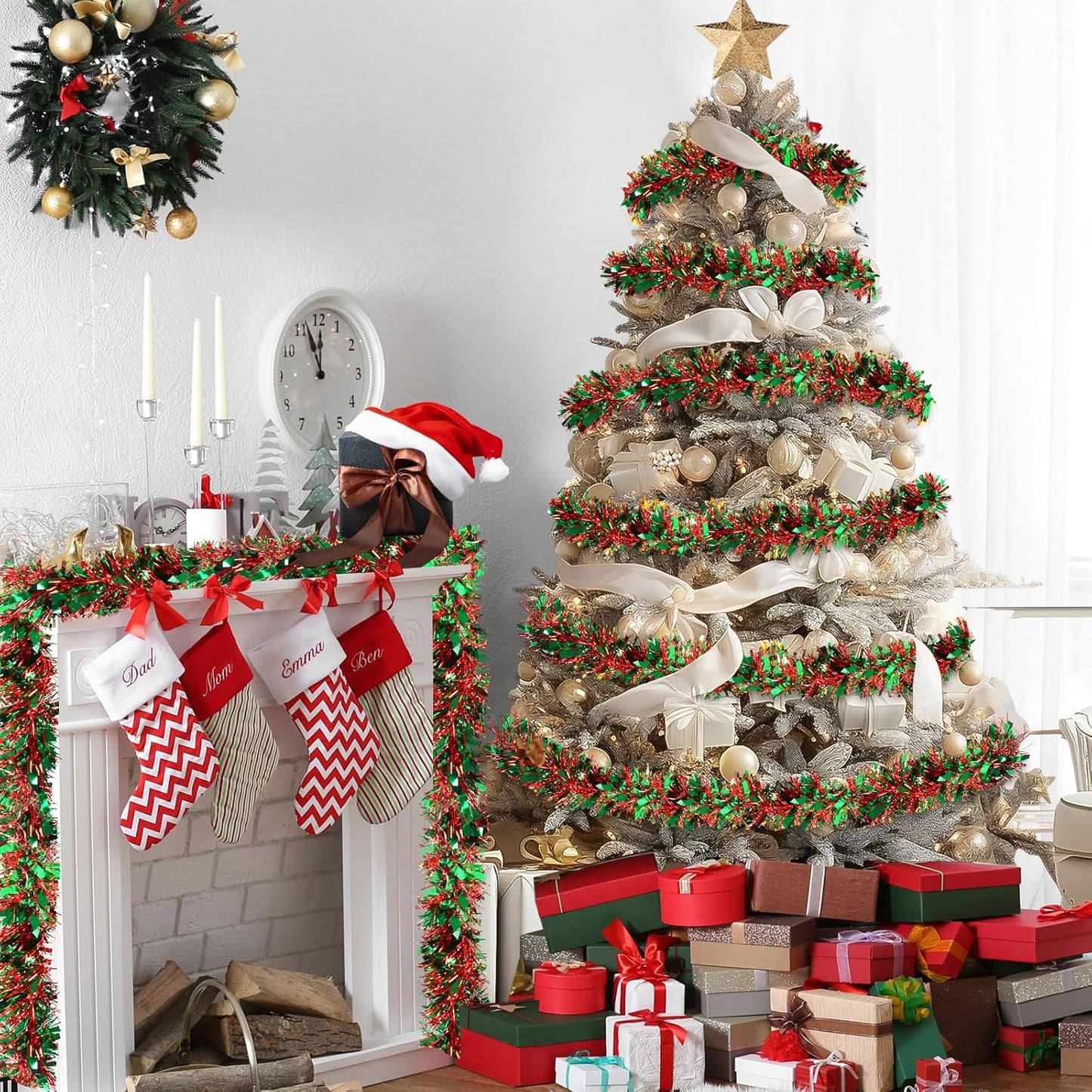 50 Feet Christmas Tinsel Garland Metallic Tinsel Garland Christmas Tree Decorations for Christmas Party Supplies Indoor and Outdoor Decor (Red and Green)
