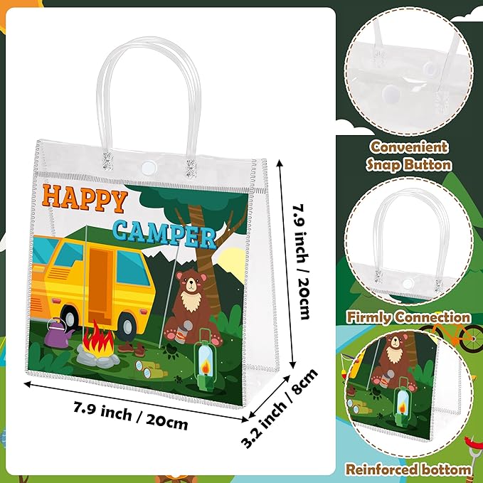 H1vojoxo Camping PVC Gift Bags - 24PCS Camping Party Favors Bags with Handles 7.9x3.2x7.9 Inch Camp Theme Plastic Transparent Gift Bag for Summer Camps Camping Adventures Outdoor Activity Party Favors
