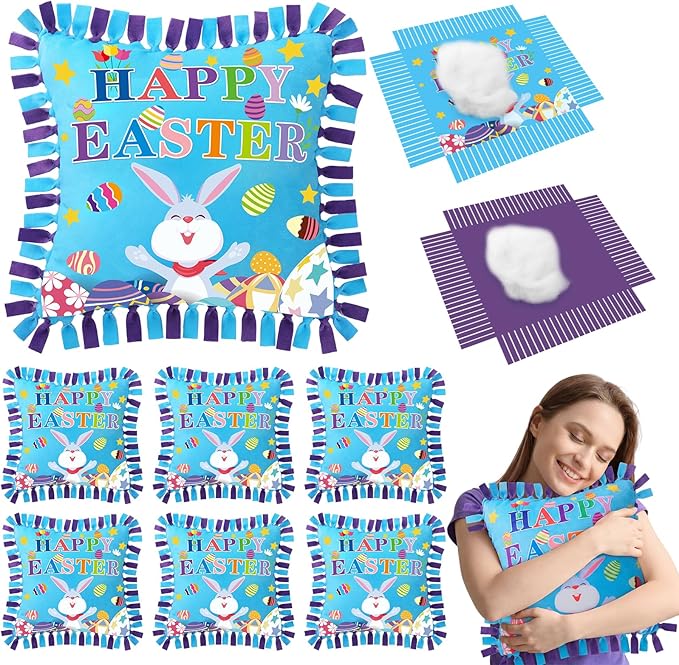 Mindsoft 6 Sets Easter Bunny Fleece Tied Pillow Craft Kits – DIY Easter Decor, No Sewing Required, Colorful Rabbit & Egg Design, Home Activity, Gift for Spring Party