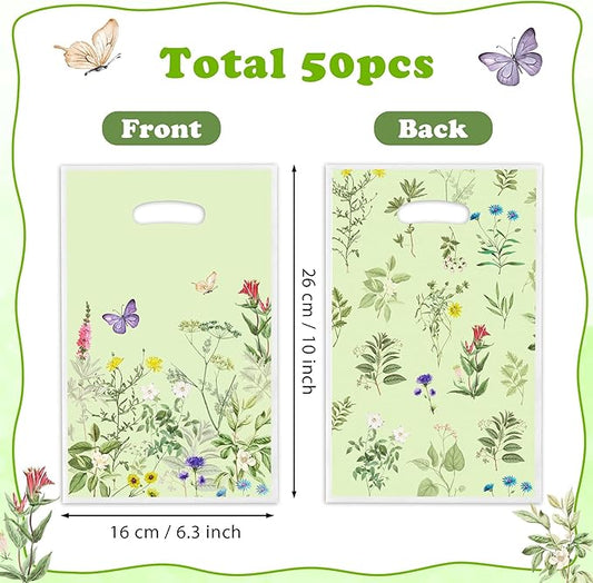 Herb Flower Party Favor Bags - 50Pcs Plastic Herb Wildflowers Candy Goodie Treat Gift Bag with Handles Rustic Farmhouse Floral Wedding Birthday Party Supplies Baby Shower Decor