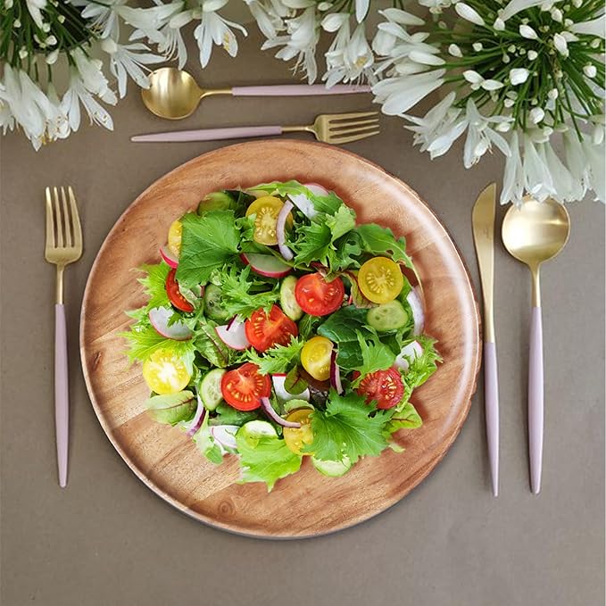 Lightnpro Acacia Round Wooden Charger Plates - Appetizer Plates, Centerpiece Tableware, Service Plates for Salad, Sandwiches, Burgers, Dinner, Lunch, Weddings, Catering - Set of 4, 10 Inch, Natural