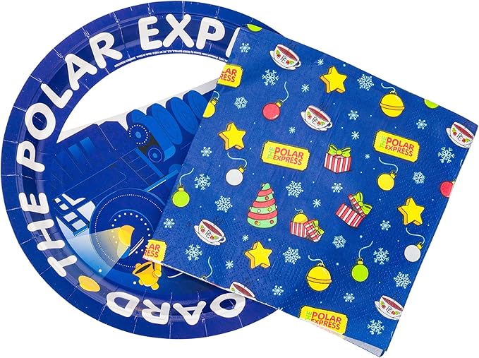Silver Buffalo The Polar Express All Aboard Christmas Holiday Train 32 Pack Partyware Disposable Paper Plates and Napkins