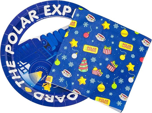 Silver Buffalo The Polar Express All Aboard Christmas Holiday Train 32 Pack Partyware Disposable Paper Plates and Napkins