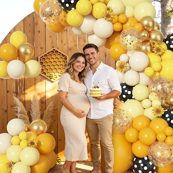Amandir 153pcs Bee Balloon Arch Garland Kit, Different Sizes 18 12 10 5 inch Mustard Pastel Yellow Gold Confetti Balloons for What Will It Bee Gender Reveal Sunflower Honey Birthday Party Decorations