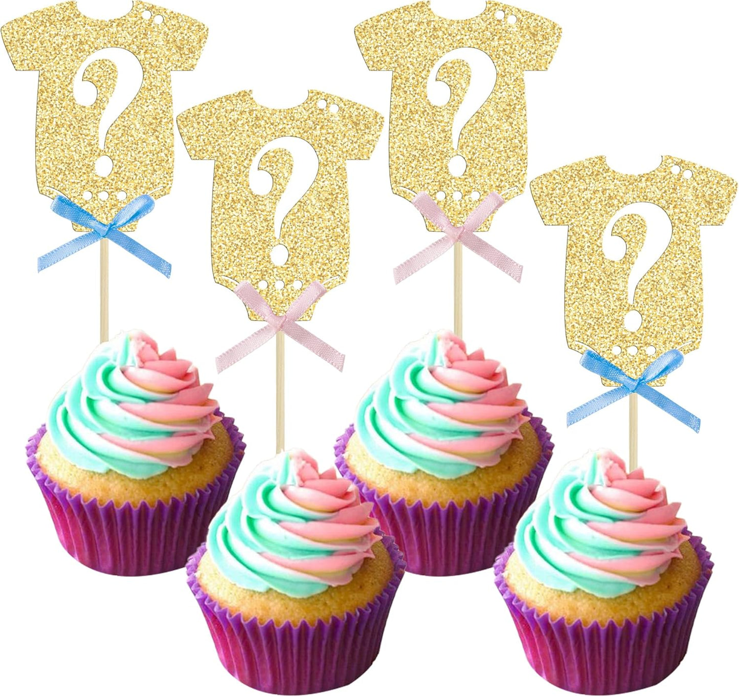 Ephlyn 24Pcs Gender Reveal Cupcake Toppers Glitter Pink Blue Bow Onesie Question Mark Boy or Girl Cake Topper Decorations for Baby Shower Theme Gender Reveal Kids Birthday Party Supplies Gold