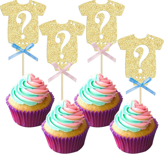 Ephlyn 24Pcs Gender Reveal Cupcake Toppers Glitter Pink Blue Bow Onesie Question Mark Boy or Girl Cake Topper Decorations for Baby Shower Theme Gender Reveal Kids Birthday Party Supplies Gold