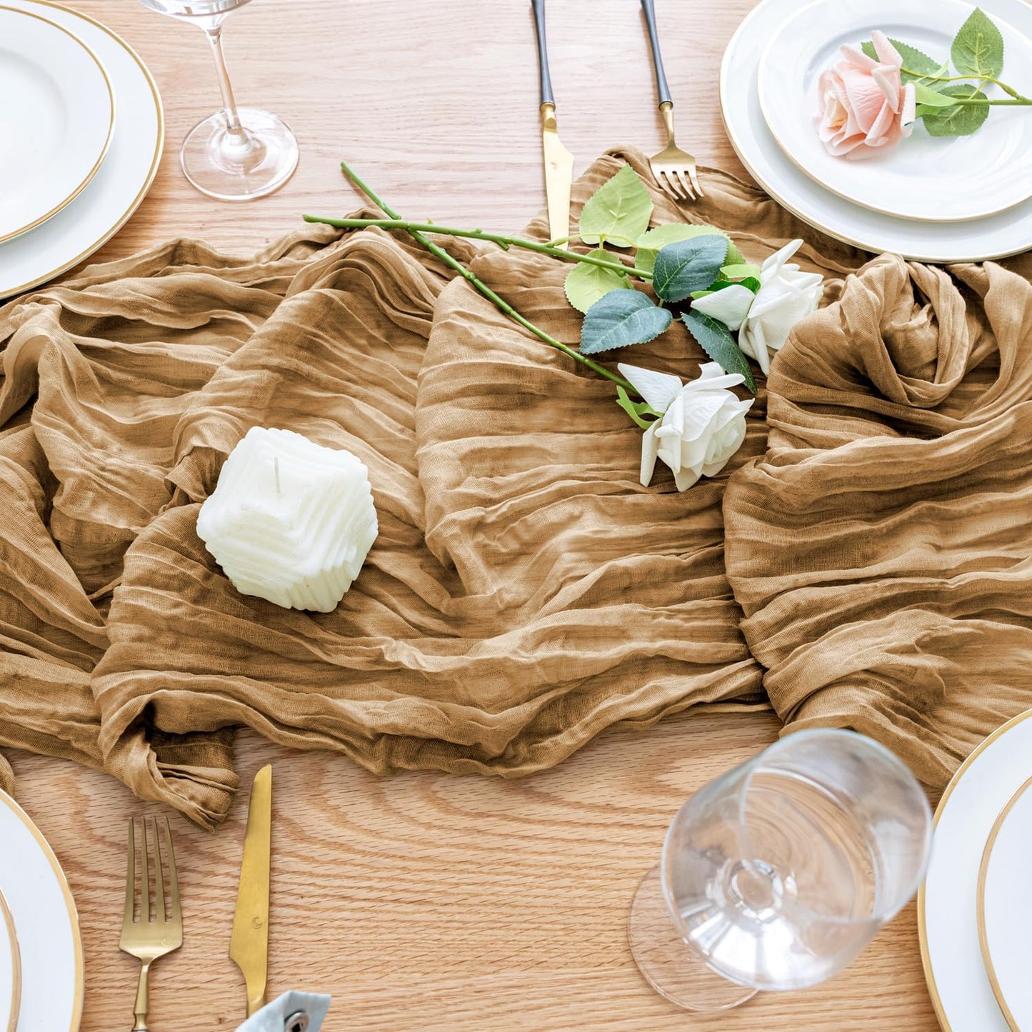 Wokceer Cheesecloth Table Runner 4Pack 10FT Khaki Boho Gauze Cheese Cloth Table Runner for Party Long Rustic Sheer Table Runners for Baby Bridal Shower Wedding Easter Table Decor