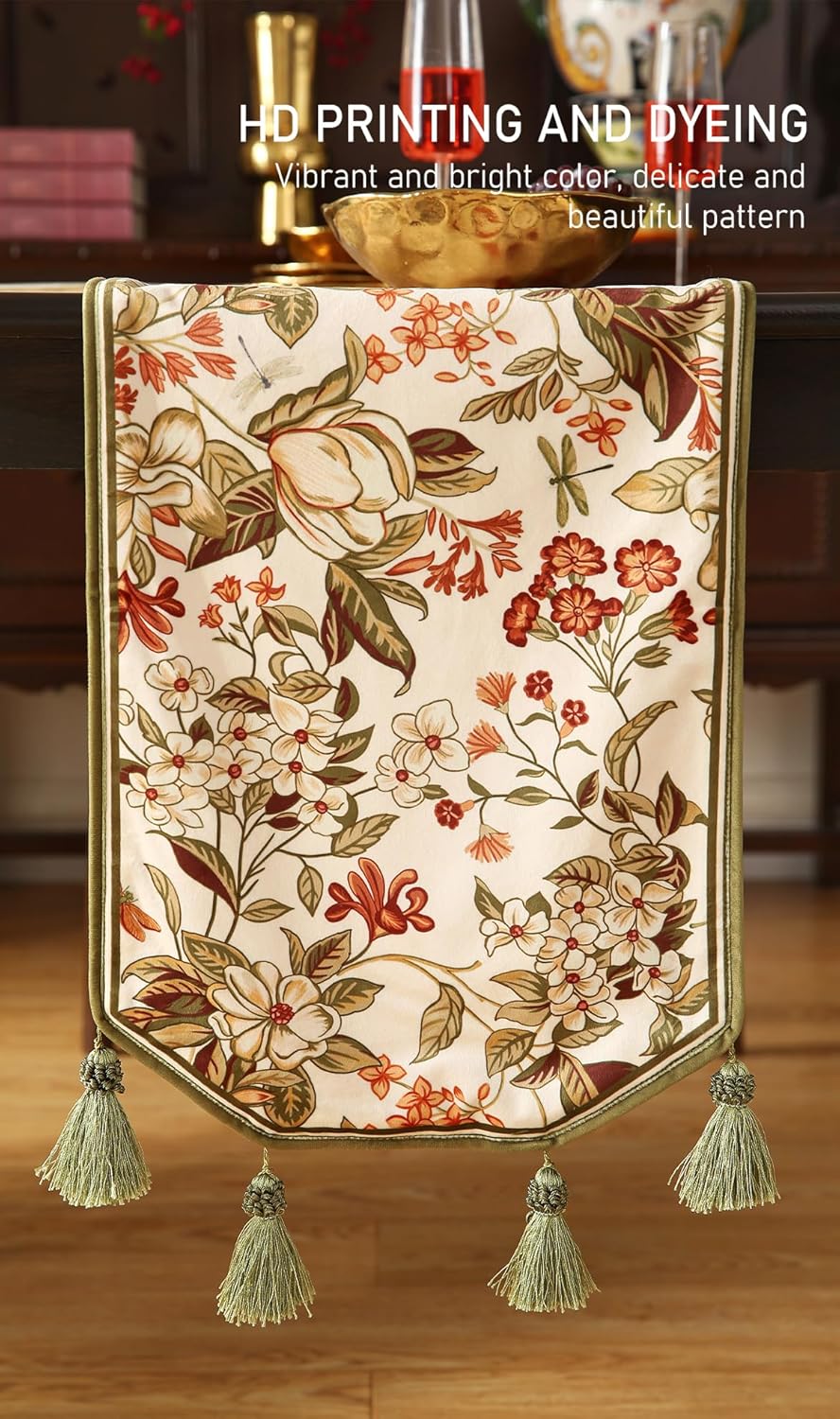 ISAENNE Designer Bohemian Luxury Velvet Table Runner 102 Inches Long,Farmhouse Floral Pattern Decor Table Runners for Dining Tables,Thanksgiving,Kitchen Tables,Christmas,12"*102"-Grace A