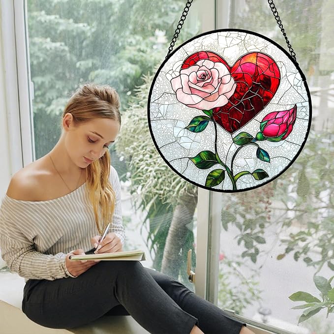 Stained Glass Window Hanging Red Heart Pink Rose Flower Large 15" - Suncatcher Door Garden Sun Catcher Decor Birthday Anniversary Valentines Day Gifts for Woman Wife Men Her Him Lovers Mom