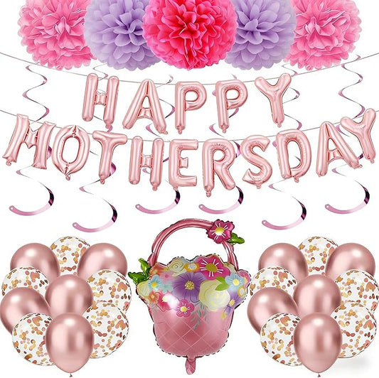 Mothers Day Decorations for Party - Mother's Day Decoration Pom-Poms Set Happy Mothers Banner & Balloon Kit with Pink and Light pruple, Rose Gold Confetti Balloons,Spiral Ornaments for Photo Backdrop & Party Decor