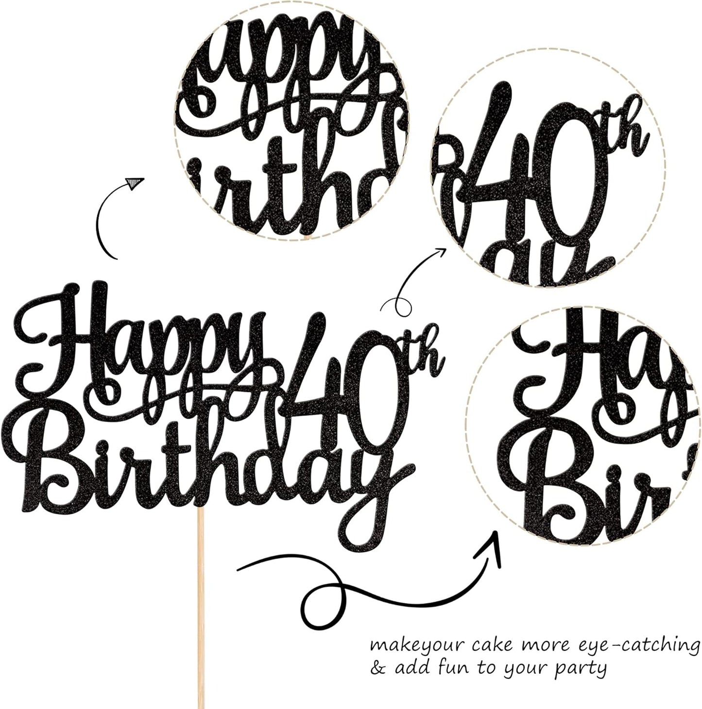 1 PCS Happy 40th Birthday Cake Topper Glitter Cheers to 40 Years Birthday Cake Pick 40 Fabulous Cake Decoration for Happy 40th Birthday Anniversary Party Decorations Supplies Black