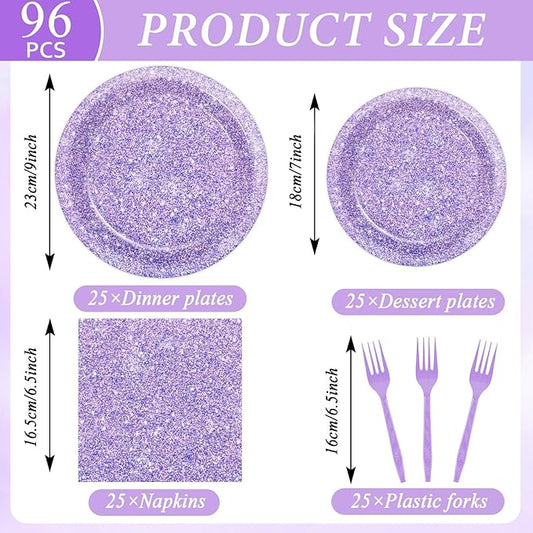 96PCS Purple Glitter Paper Plates and Napkins K-pop Purple Tableware Party Paper Plates Glitter Birthday Disposable Dinnerware Parties Set for Girl Women Sprinkle Wedding Anniversary Party Decorations