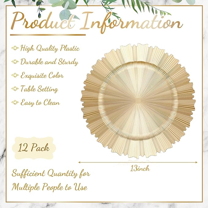 Mifoci 50 Pcs Champagne Gold Charger Plates Bulk 13 Inch Plastic Round Chargers Fluted Edge Dinner Plate Wedding Decoration for Table Setting Wedding Party Event Tabletop