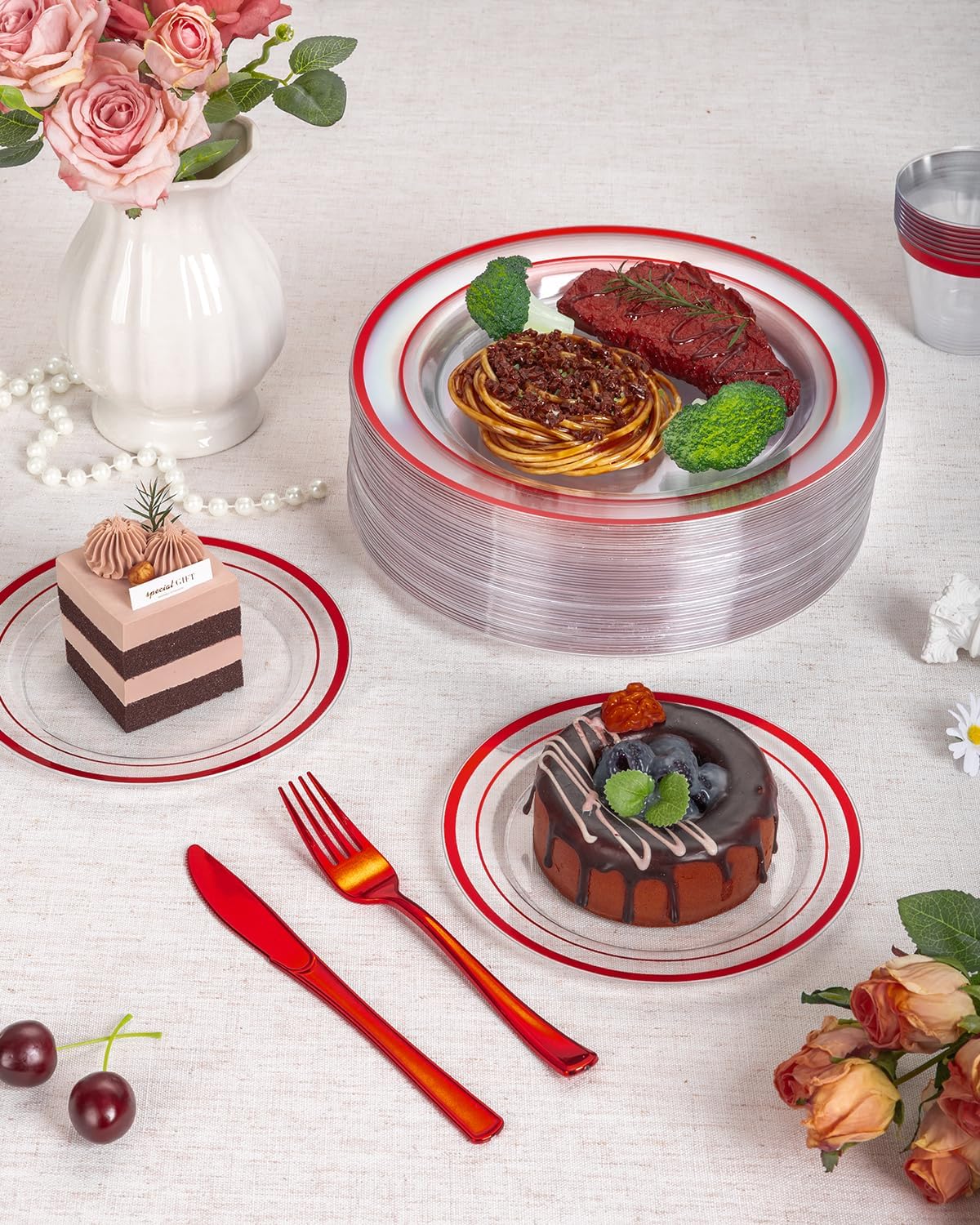 Goodluck 350 Piece Red Plastic Plates, Clear Plastic Silverware Disposable Plates Set, Include 100Plates, 50Pack Pre Rolled Napkins with Silverware, 50Cups for Party, Christmas, Graduation, Wedding