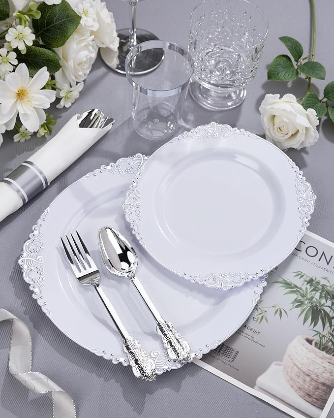 Nervure 100PCS White and Silver Plastic Plates - 10.25Inch Silver Disposable Plates - Heavyweight Dinner Plates for Wedding & Party