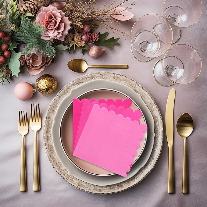 Whaline 150Pcs Hot Pink Scalloped Cocktail Napkins 3 Gradient Pink Colors Paper Napkins Disposable Dinner Beverage Napkins for Baby Shower Wedding Birthday Party Supplies Table Decor, 5 x 5 Inch
