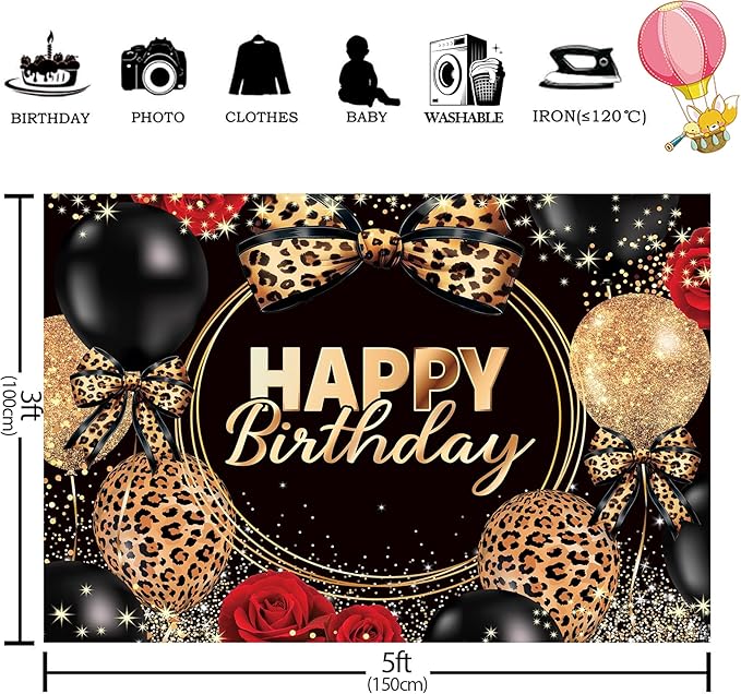 Homewelle Leopard Print Bow Happy Birthday Backdrop 5Wx3H Feet Polyester Fabric Black Gold Red Rose Cheetah Print Bownot Cool Decoration Balloon for Women Girl Photography Background Photo Shoot Props