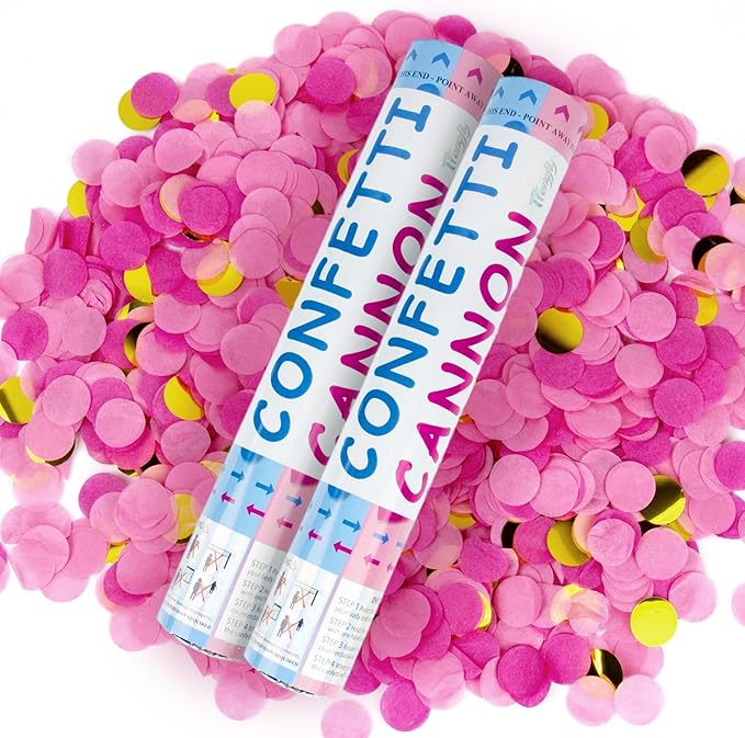 2 Pack Gender Reveal Confetti Cannon, 12 in Pink Round shaped Paper Party Poppers Cannons, Confetti Poppers For Baby Girl Gender Reveal Baby Showers (Round, Pink)