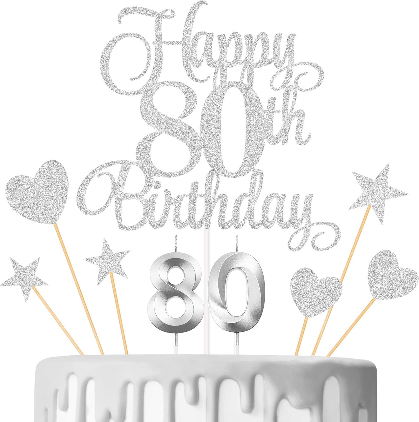 80th Birthday Cake Decorations, 80th Birthday Candles Cake Numeral Candles and Glitter Happy 80th Birthday Cake Toppers Set for Birthday Party Supplies (Silver)