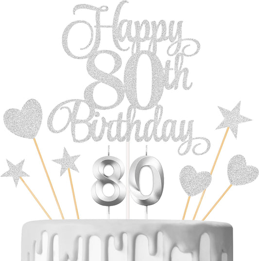 80th Birthday Cake Decorations, 80th Birthday Candles Cake Numeral Candles and Glitter Happy 80th Birthday Cake Toppers Set for Birthday Party Supplies (Silver)