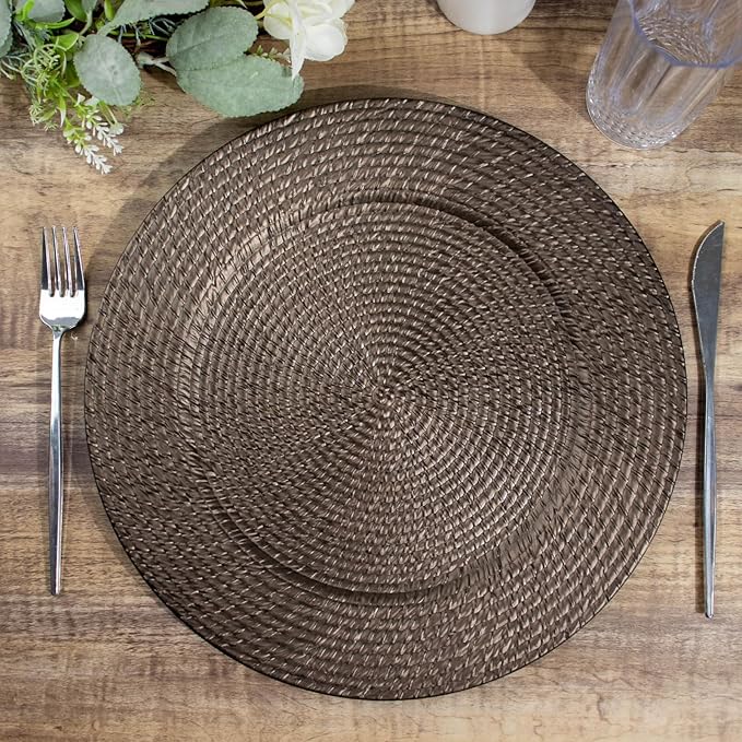 Efavormart 6 Pack | 13" Natural Brown Acrylic Plastic Rattan-Like Charger Plates, Round Disposable Dinner Serving Plates