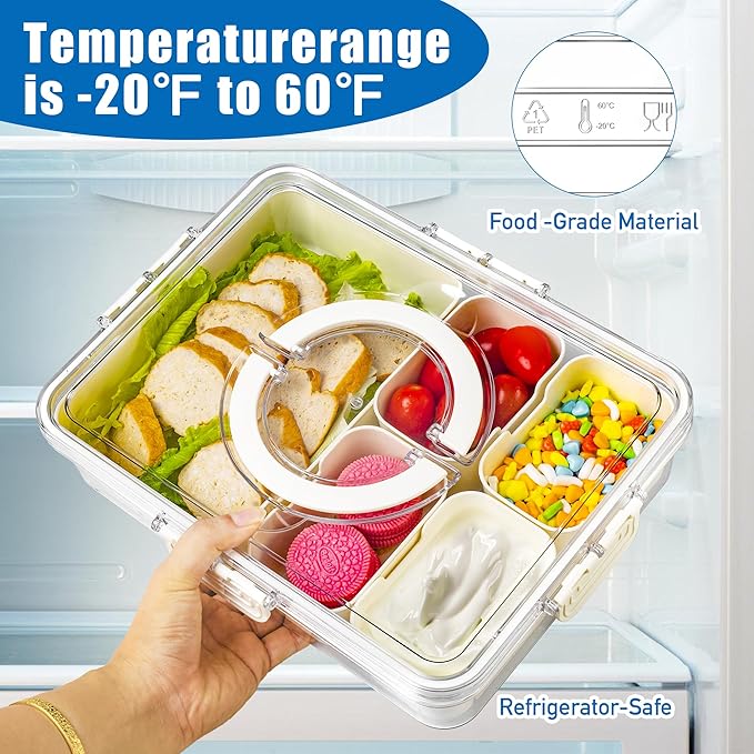 Bandesun Divided Serving Tray with Lid and Handle - Snackle Box Charcuterie Container for Portable Snack Platters - Perfect for Party, Entertaining - Clear Organizer for Candy, Fruits, Nuts, Snacks