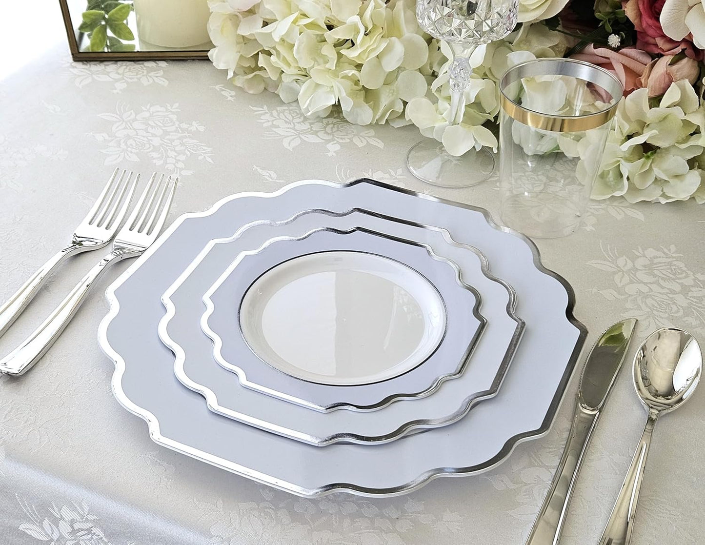 " OCCASIONS " 80 Plates Pack,(40 Guests) Heavyweight Premium Wedding Party Disposable Plastic Plates Set -40 x 10.5'' Dinner + 40 x 8'' Salad/Dessert (Imperial in White/Blue & Silver)