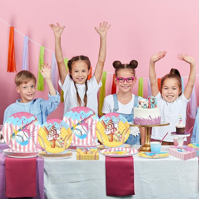 96PCS Ice Cream Drip Baseball Paper Plates and Napkins Sport Theme Birthday Camping Party Supplies Baseball Ice Cream Plates Sport Tableware Set for 24 Guests Birthday Gatherings Decoration