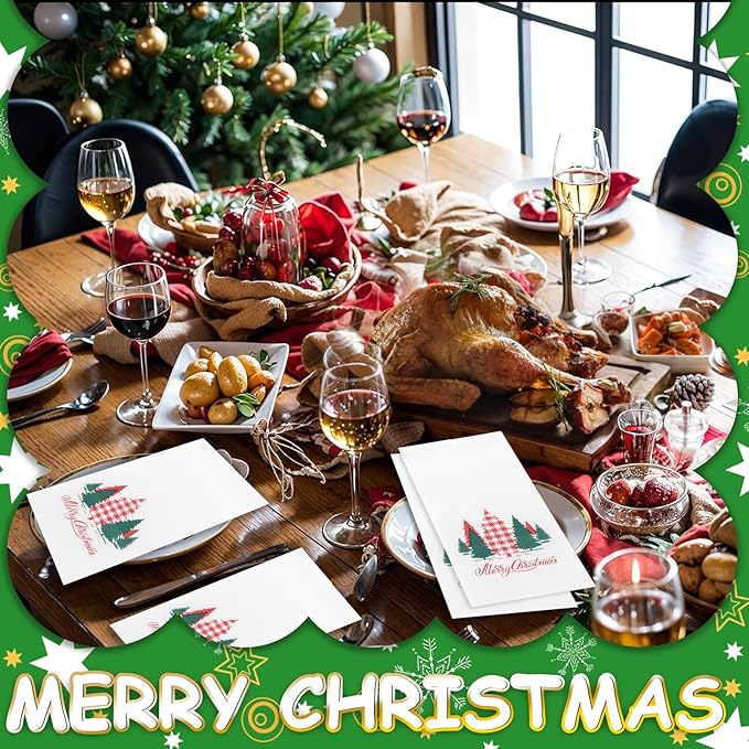Supernal 100pcs Christmas Disposable Paper Napkins, Linen Like Holiday Napkins Design by Red and Green Xmas Tree, Christmas Guests Napkins Hand Towels for Kitchen Bathroom Parties Dinners