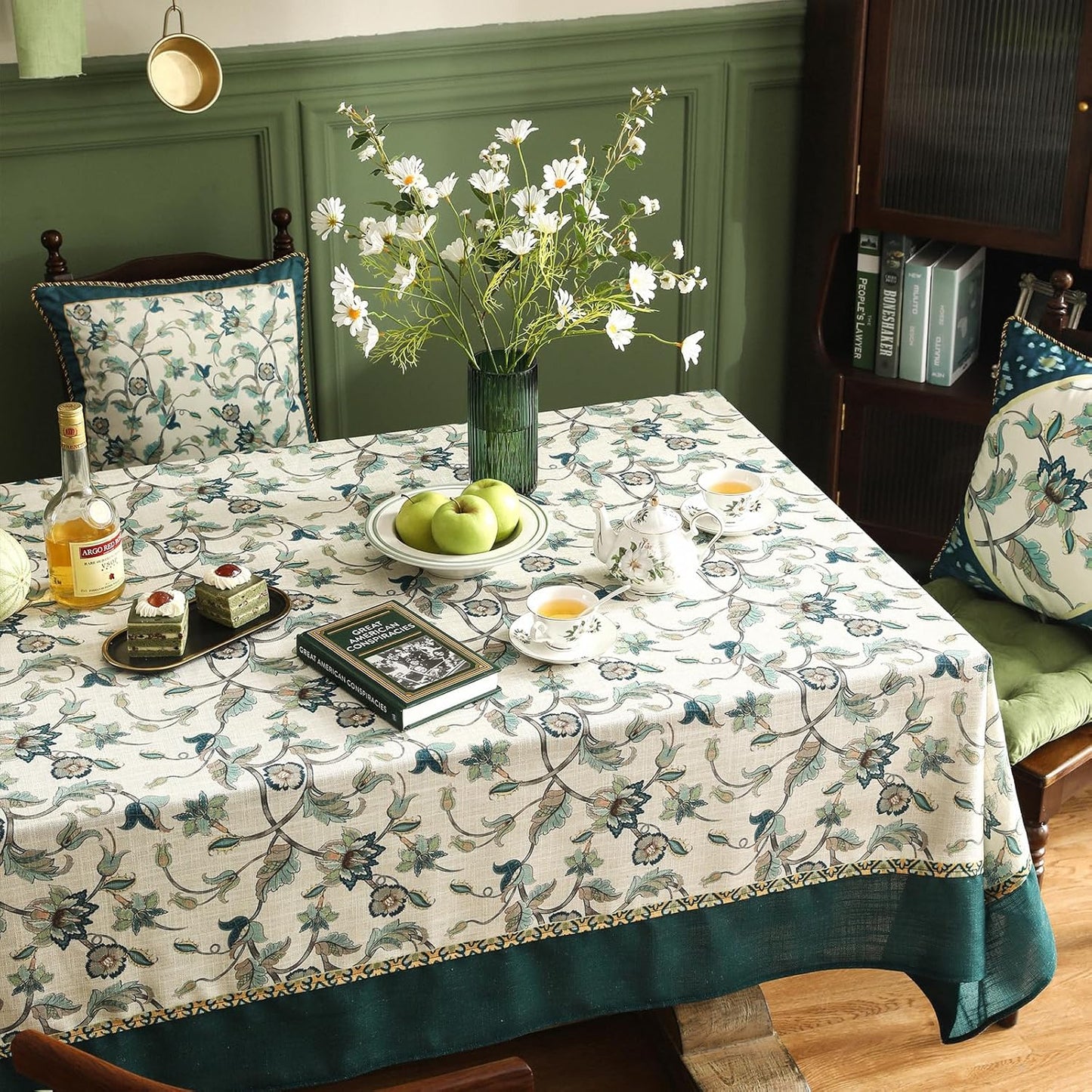 patdrea Designer Green Small Linen Table Cloth for Rectangle Table,Vintage Floral Pattern Durable Tablecloth,French Cover Decor for Kitchen Dining,Christmas,Thanksgiving,Tea Party,55"x71"-Noah